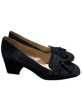 Ann Taylor black suede block heel square toe tassel loafers office mid heel